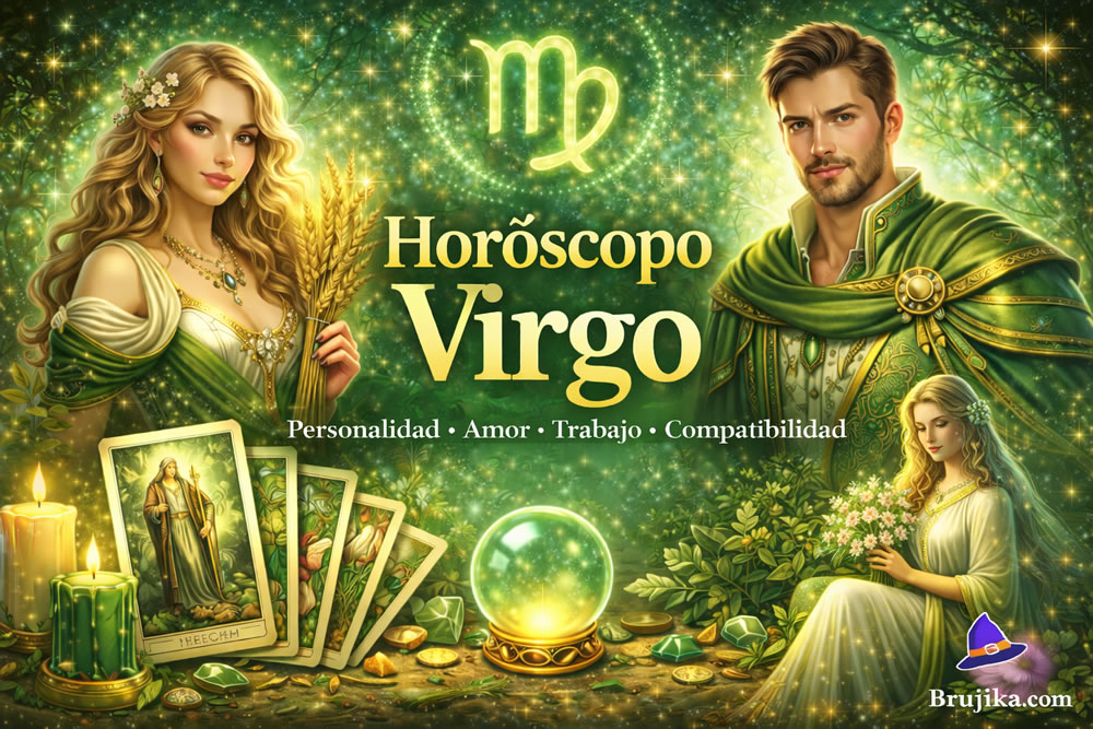 Horóscopo Virgo con hombre y mujer del signo, símbolo zodiacal y figura de la Virgen en escena esotérica.